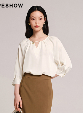 红袖/HOPESHOW白色雪纺衫秋季女三角镂空漂亮小衫89224262001
