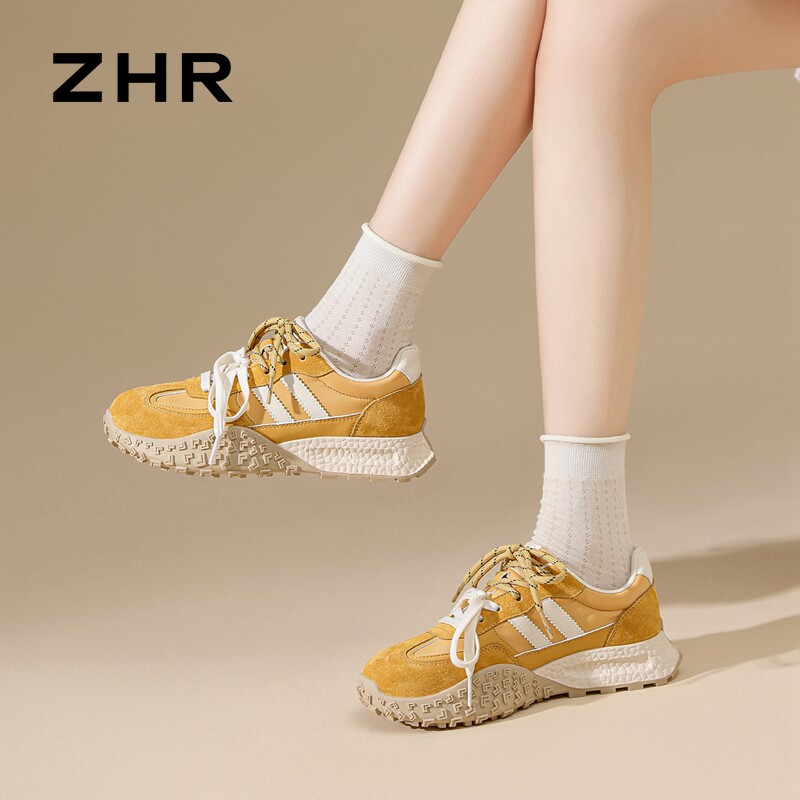 ZHR则则真皮羊毛秋冬厚底显高运动休闲鞋时尚德训老爹鞋女KS129图片