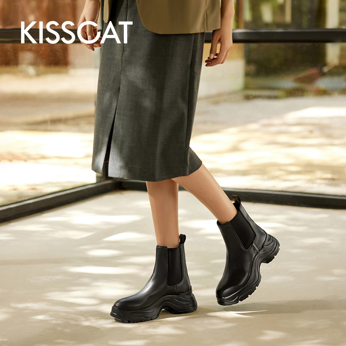 KISSCAT接吻猫舒适通勤中跟矮靴女鞋女KA54719-50