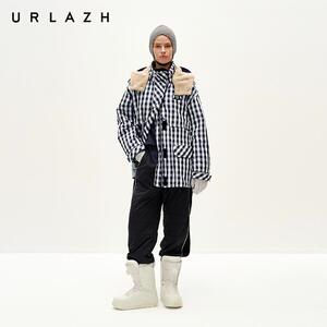 URLAZH有兰时尚牛仔格纹连帽外套女