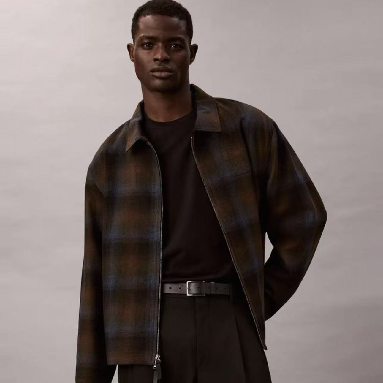 CK Jeans25秋季新男士羊毛混纺老花字母法兰绒格纹外套4LD425G