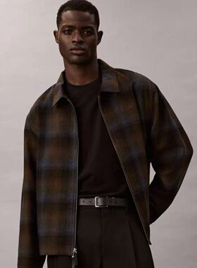 CK Jeans25秋季新男士羊毛混纺老花字母法兰绒格纹外套4LD425G