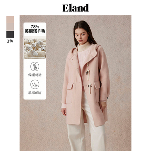 Eland毛呢外套女甜美风连帽长大衣2024冬季 EEJWE4VT91