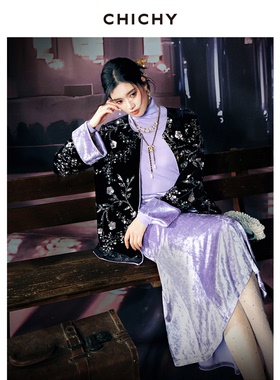 【新中式美学】CHICHY重工亮片丝绒外套黑色宽松上衣CC2O001261