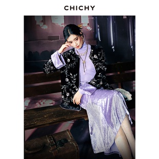 【新中式美学】CHICHY重工亮片丝绒外套黑色宽松上衣CC2O001261