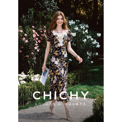【慵懒度假风】CHICHY法式黑色碎花修身显瘦连衣裙CC8C016262