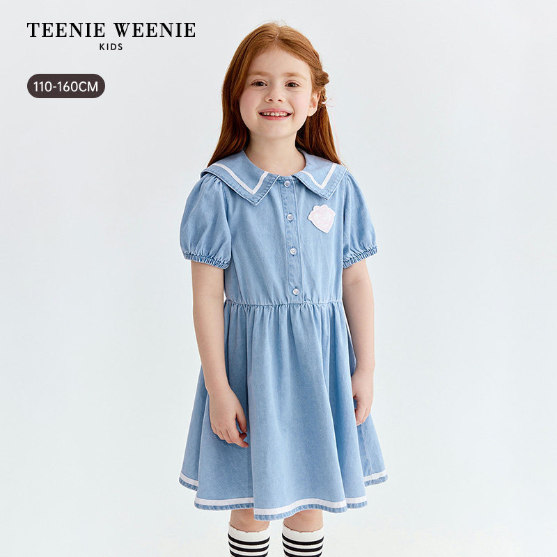 TeenieWeenie Kids小熊童装 女童休闲短袖翻领牛仔连衣裙