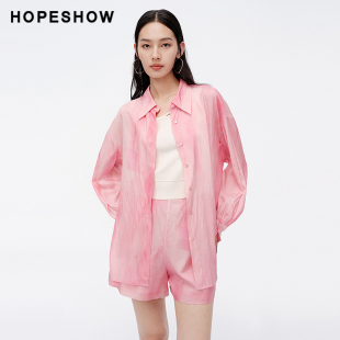 女单排扣翻领上衣89224140303 夏季 红袖 HOPESHOW玫瑰晕染衬衫