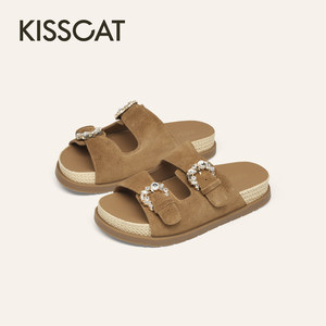 KISSCAT接吻猫草编水钻勃肯拖鞋26新夏季厚底凉拖鞋女K76380A-50