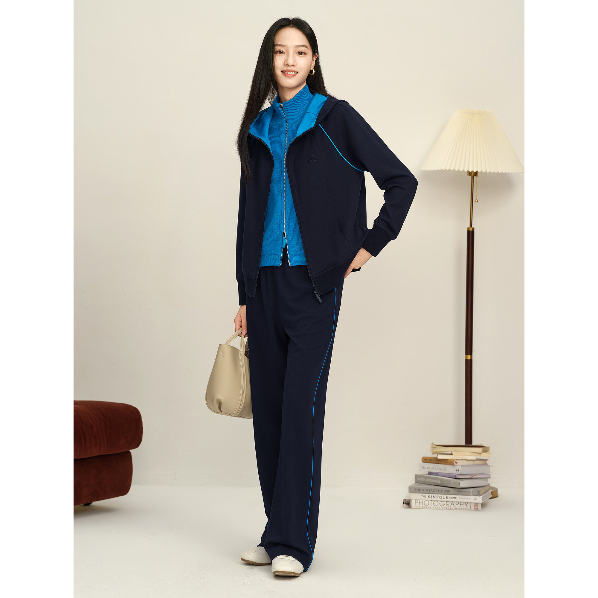 JUZUI玖姿休闲撞色宽松帽领长袖外套女2025秋季JWFQ40524
