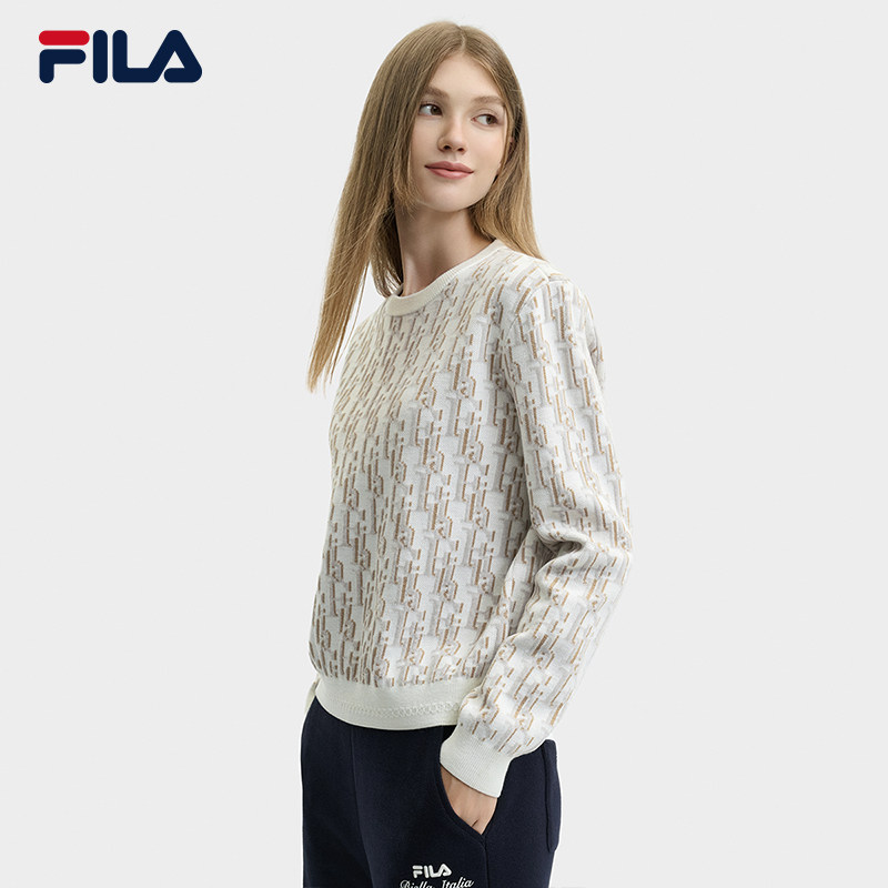 FILA 斐乐女编织衫2024冬季时尚休闲基础满印长袖毛衣F11W448406F