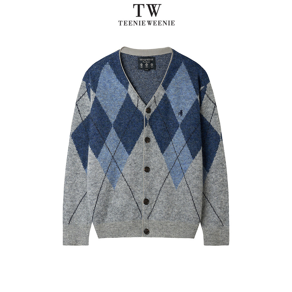 Teenie Weenie2025宽松日系菱形Y领开衫毛衣TNCK2549B2D