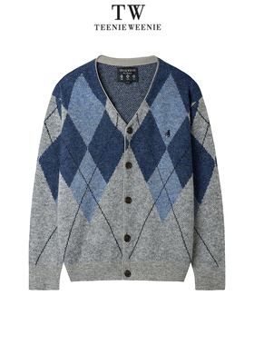 Teenie Weenie2025宽松日系菱形Y领开衫毛衣TNCK2549B2D