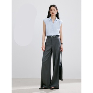 衣香丽影蓝色无袖木耳边衬衫950441113