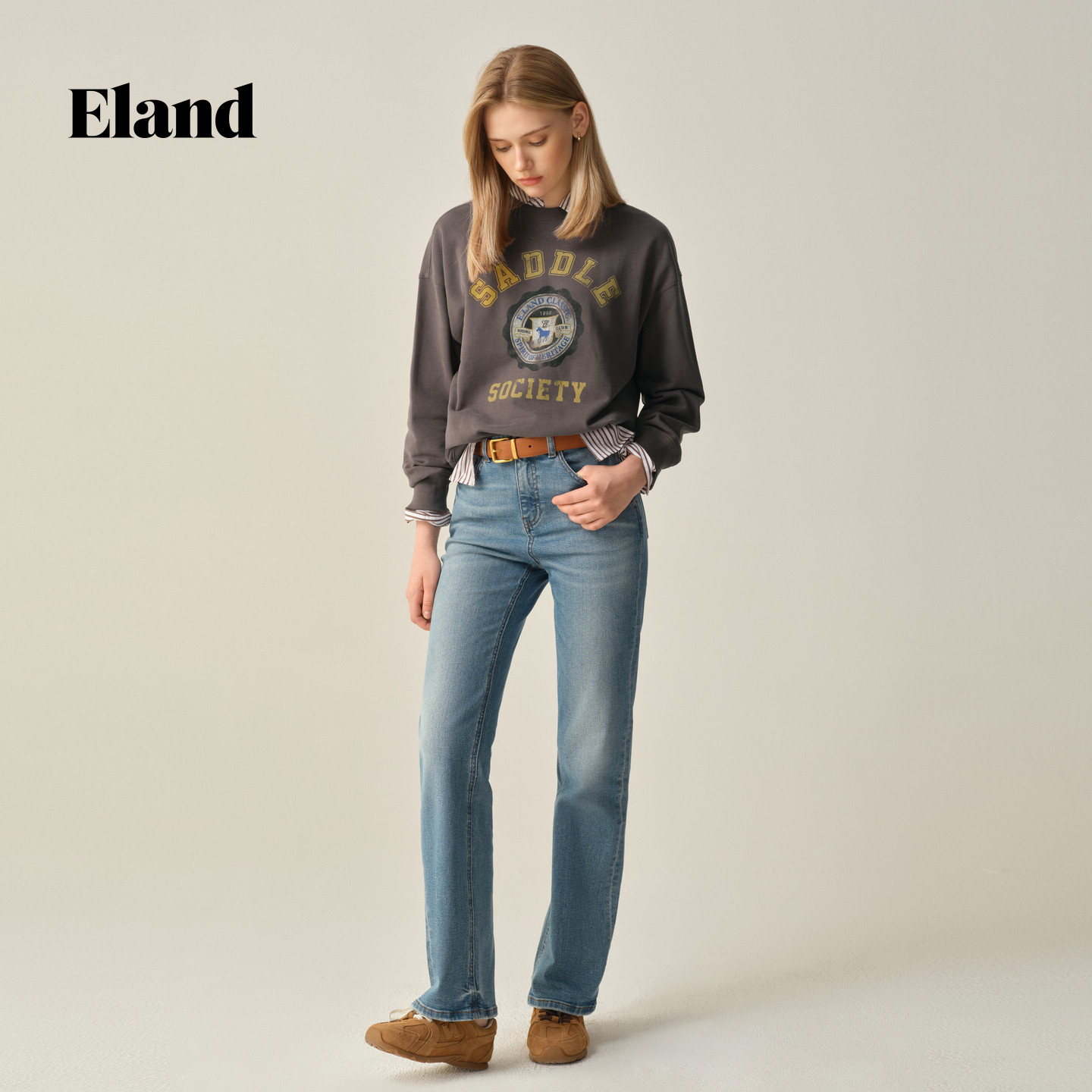 Eland牛仔裤女复古微喇裤高腰长裤子2025秋季EETJF49M06