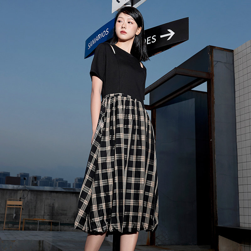 杰茜莱黑色格子拼接连衣裙女时尚修身裙子 320311737
