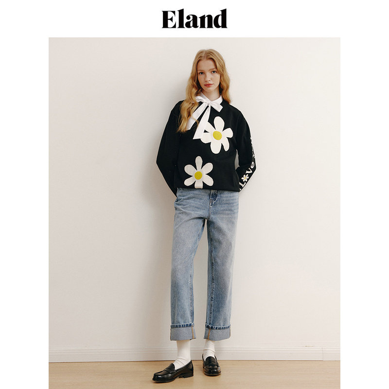 Eland针织上衣女 学院风雏菊提花圆领套头针织毛衣女