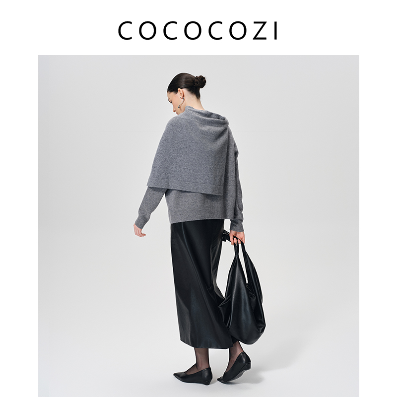 COCOCOZI早秋V领绵羊毛通勤简约帽衫242CO543M
