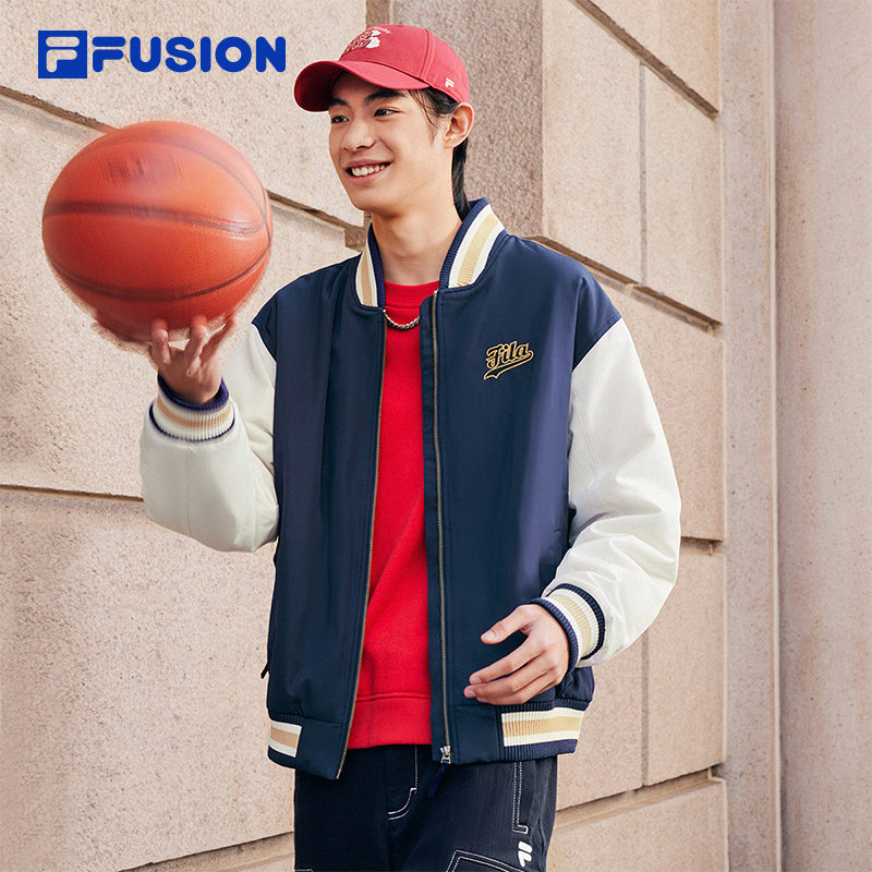 FILA FUSION斐乐潮牌情侣款棉服2025春拼色刺绣棒球服T11U512901F