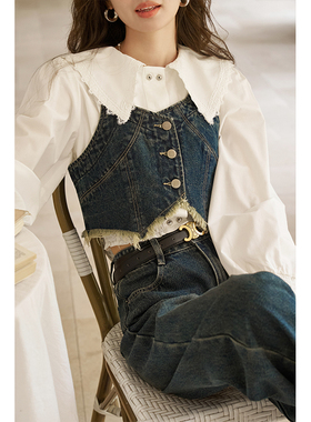 谜秀牛仔背心马甲2024复古毛边外搭短款坎肩吊带上衣MXD12D0025