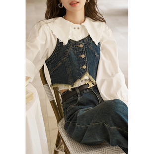 谜秀牛仔背心马甲2024复古毛边外搭短款坎肩吊带上衣MXD12D0025