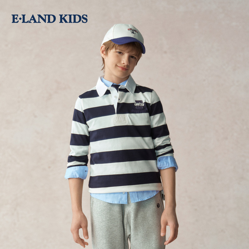 eland kids衣恋童装男童T恤 学院风条纹POLO翻领长袖