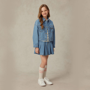 eland kids童装女童外套学院风复古牛仔翻领夹克