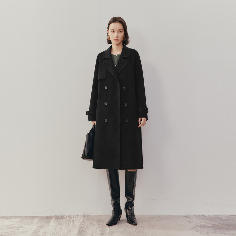 MM麦檬黑色羊毛双面毛呢大衣女5DA170701