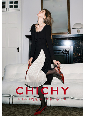 【质感醋纤】CHICHY法式拼接黑色修身长袖连衣裙CC8F005261