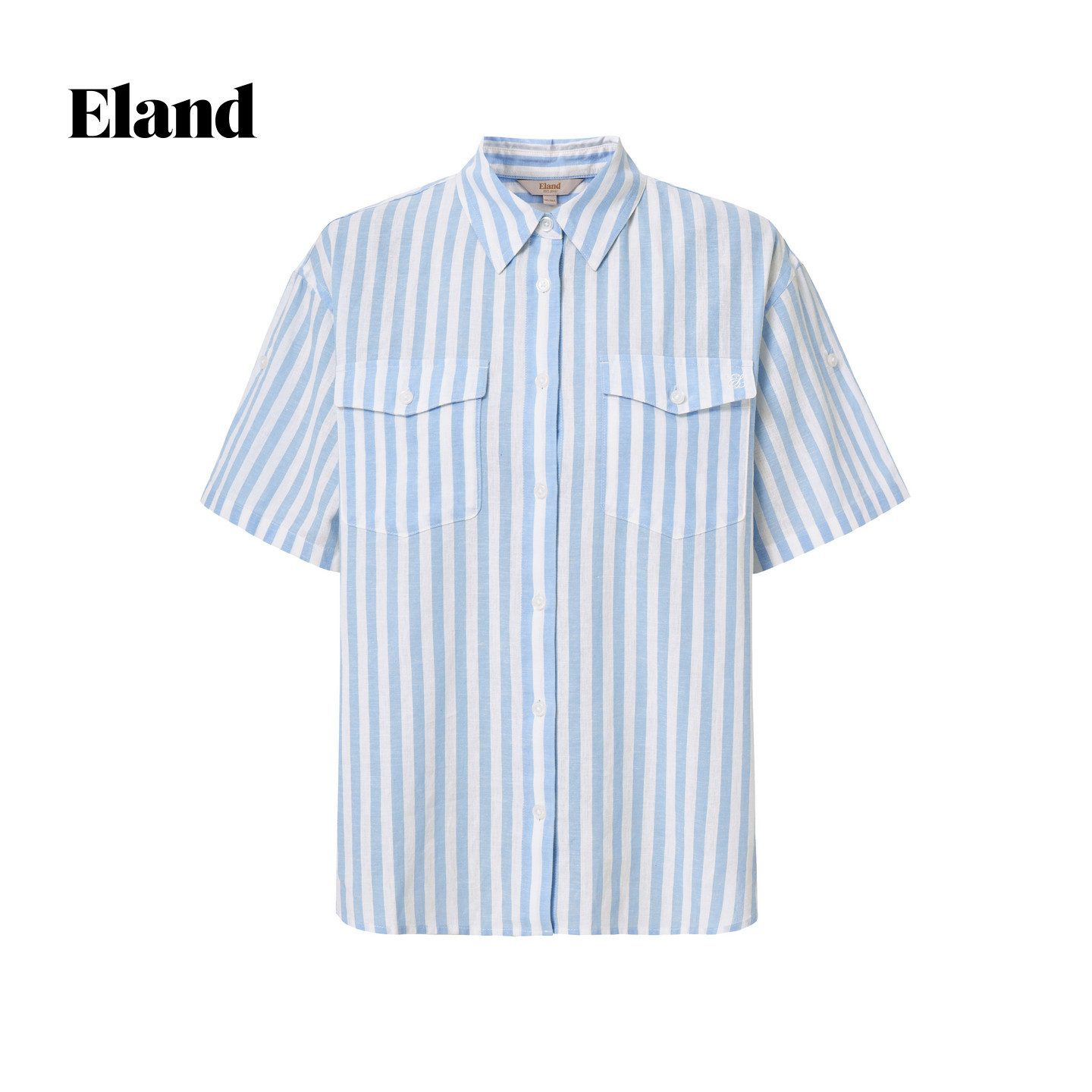 Eland衬衫女时尚休闲翻领短袖条纹上衣