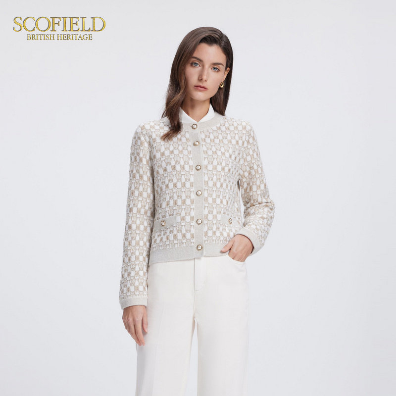 Scofield女装经典保暖菱格花纹小香风提花针织开衫2025春季