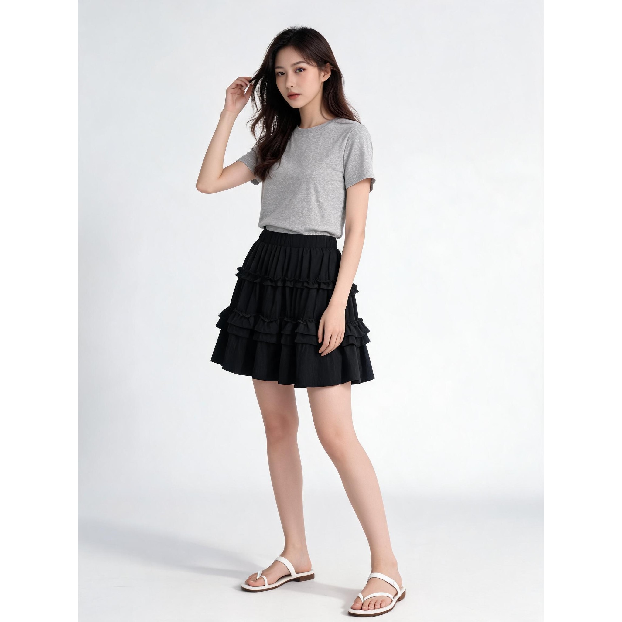 红袖黑色高腰蛋糕半身裙女夏季显瘦百搭A字短裙89226171509