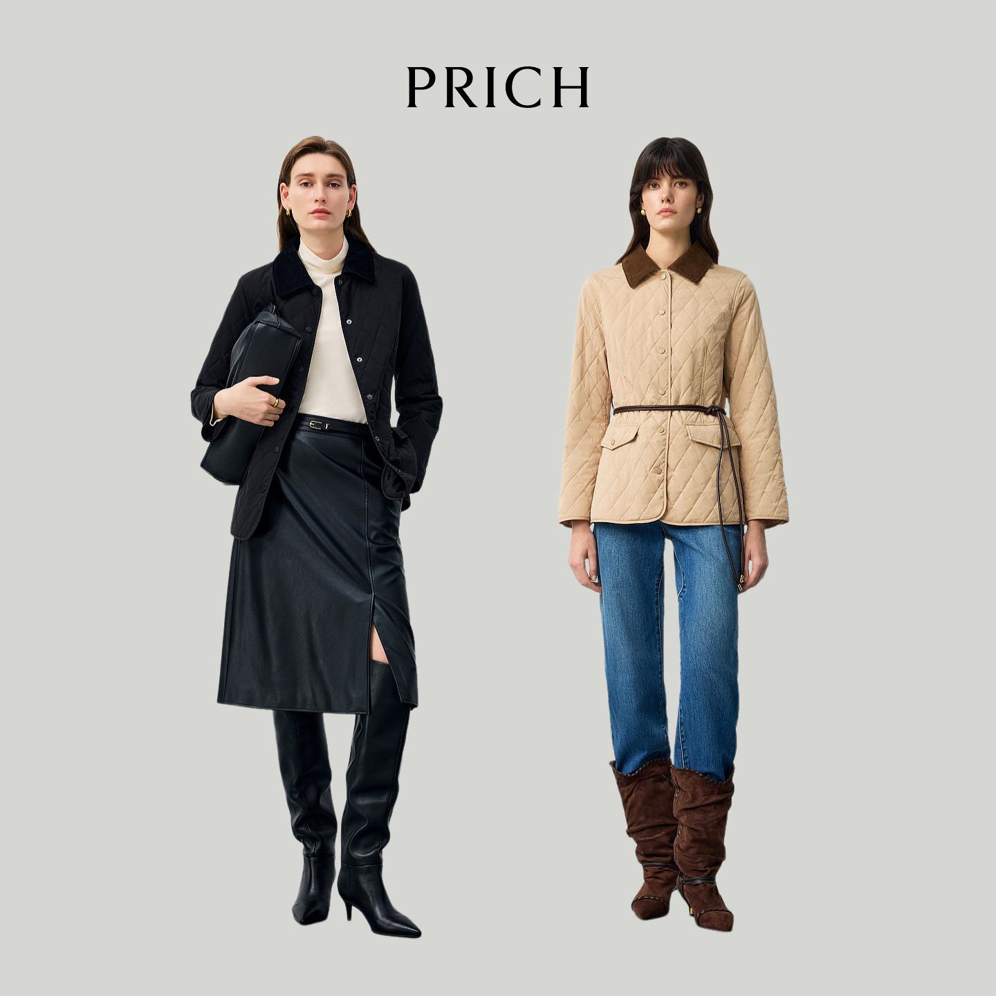 PRICH时尚翻领菱格绗缝收腰外套女