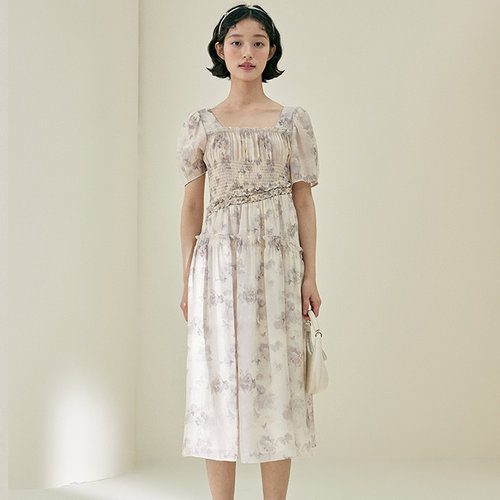 pit法式连衣裙女2024夏季碎花泡泡袖方领短袖连衣裙104D420140