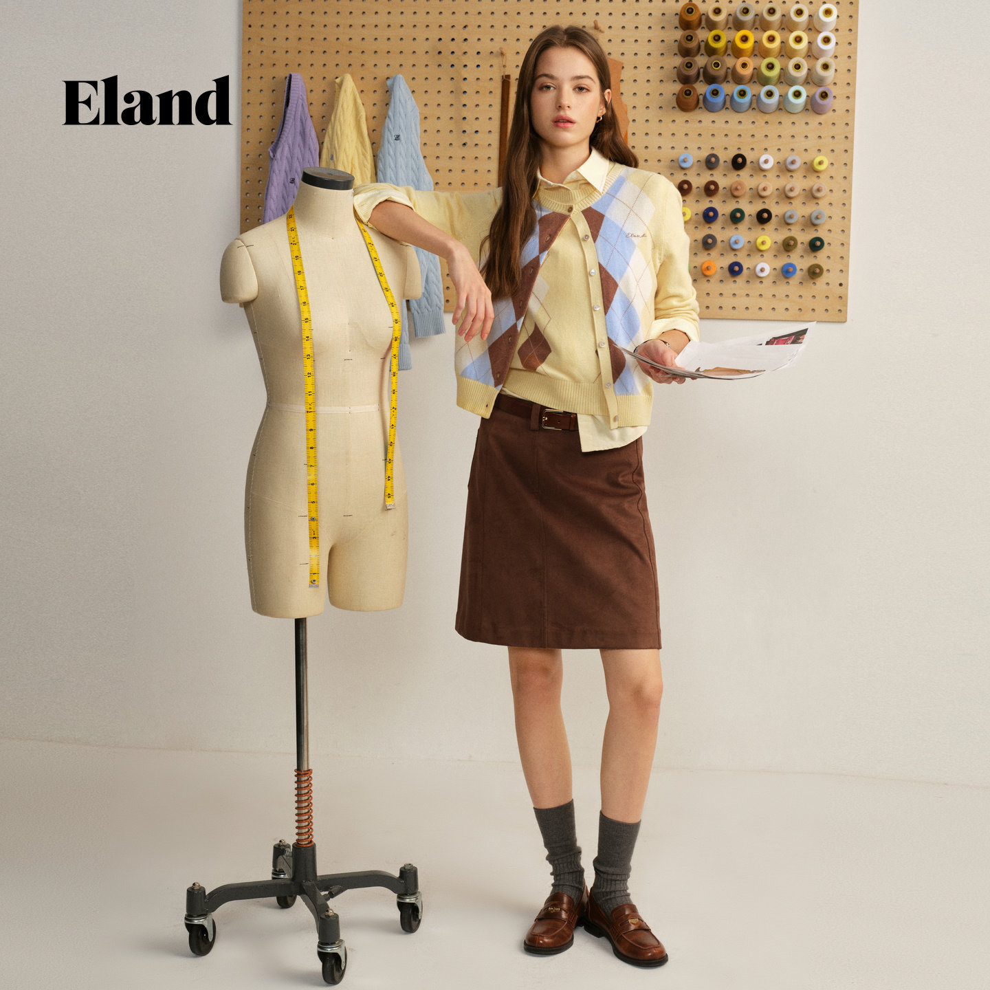 Eland针织衫女学院风撞色 开衫EECKG12E01