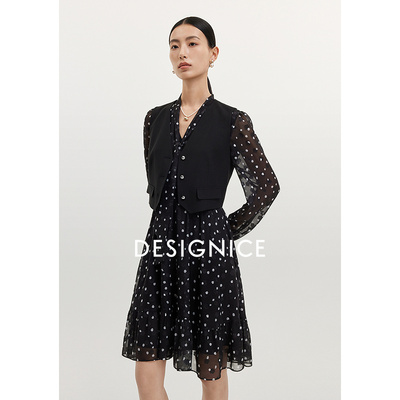 迪赛尼斯外搭马甲内搭复古波点长袖两件套连衣裙女D24318X7717