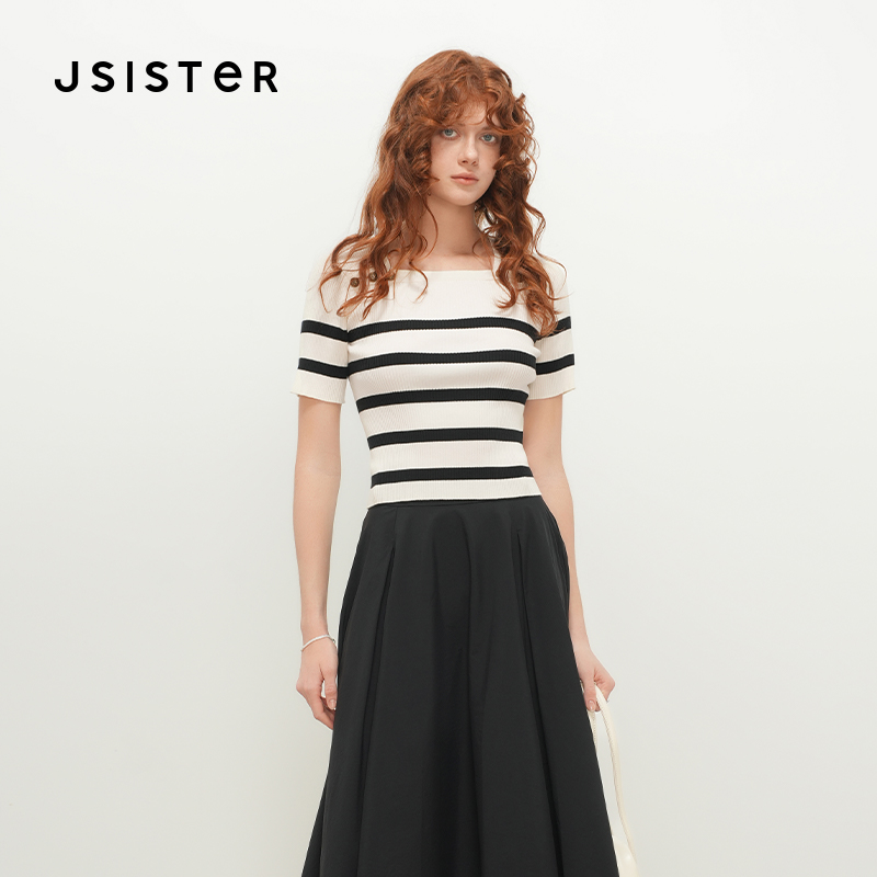 jsister 女装时尚黑间米条纹撞色方领针织衫