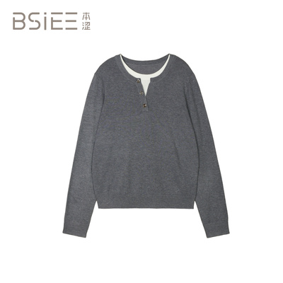 BSiEE本涩 简约拼色圆领 长袖打底上衣F0629Y11