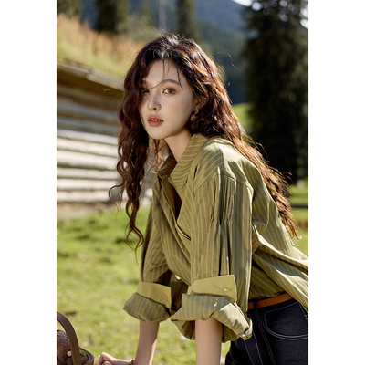 谜秀秋季复古港风条纹长袖女款衬衫MXD42C0301