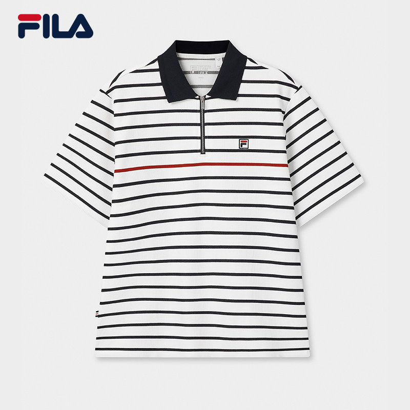 FILA 斐乐官方男子针织短袖衫2026夏新宽松条纹POLO衫F11M628114F