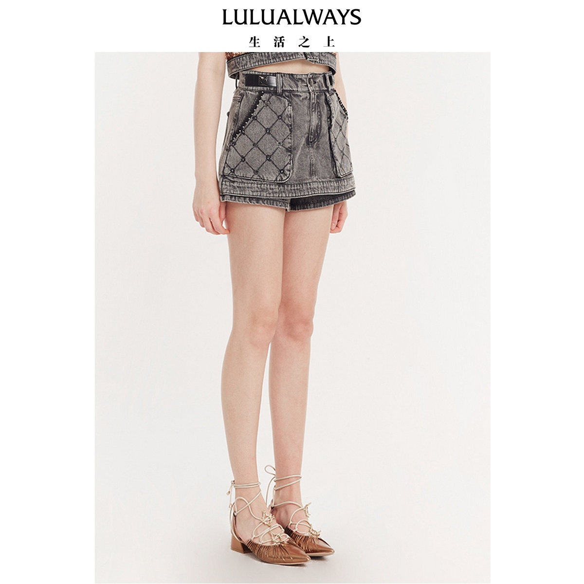 LULUALWAYS女士时尚高腰裙裤A字牛仔短裤LPB3017