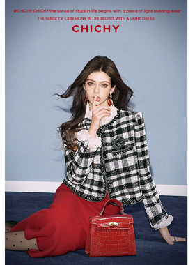 CHICHY高级复古风黑色粗花呢格纹外套短款小香风上衣CC2K007251