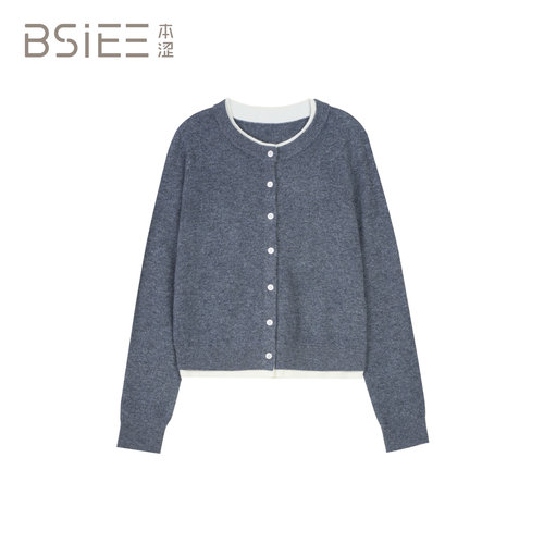 BSiEE本涩高级感假两件撞色拼接休闲毛衣开衫
