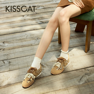 KISSCAT接吻猫阿甘鞋内增高休闲复古豹纹拼色德训鞋KA65687-50