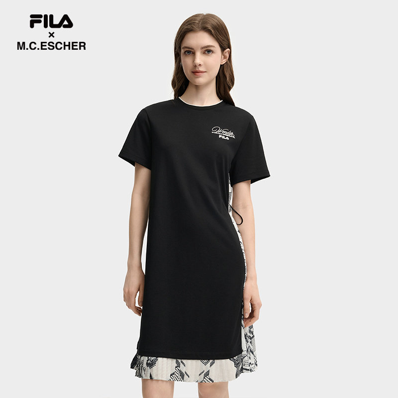 FILA 斐乐女子针织连衣裙2025秋季新款拼接T恤裙F11W538307F