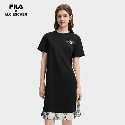 FILA 斐乐女子针织连衣裙2025秋季新款拼接T恤裙F11W538307F