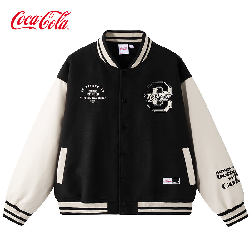 Coca-Cola/可口可乐PU皮棒球服外套男春秋款美式宽松休闲夹克女