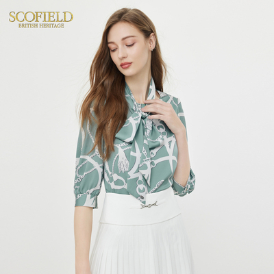 SCOFIELD优雅气质清凉七分袖飘带系带领衬衫SFBAD37010