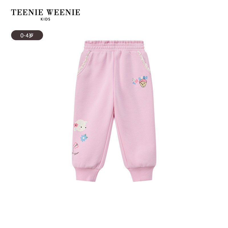 TeenieWeenie Kids小熊童装舒适秋冬季女宝宝加绒蕾丝印花卫裤