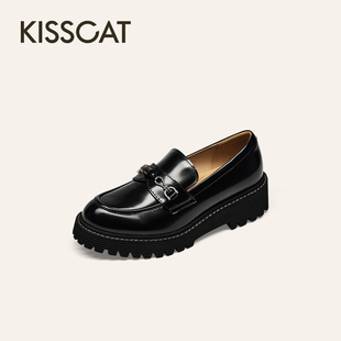 KISSCAT接吻猫26春新经典厚底乐福鞋通勤黑色小皮鞋女K76107A-52
